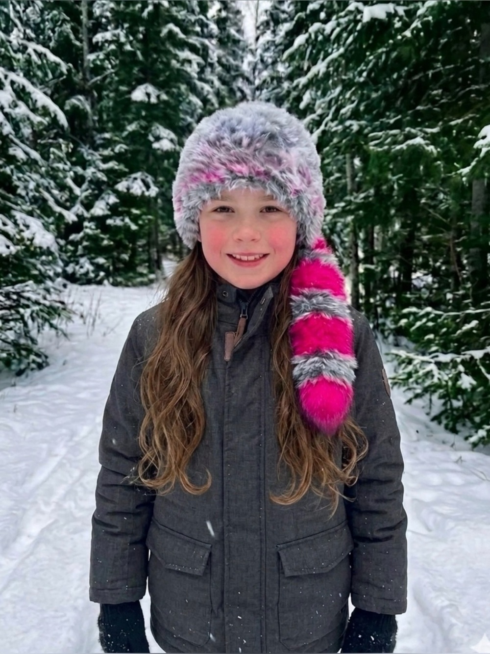 KIDS FAUX FUR RACCOON CAP with Pink
& Gray Tail